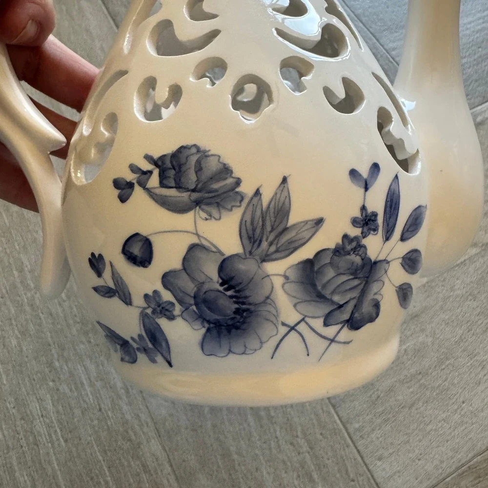 Vintage Blue Floral Ceramic Teapot Tea Light Candle Warmer Saucer Set Coquette